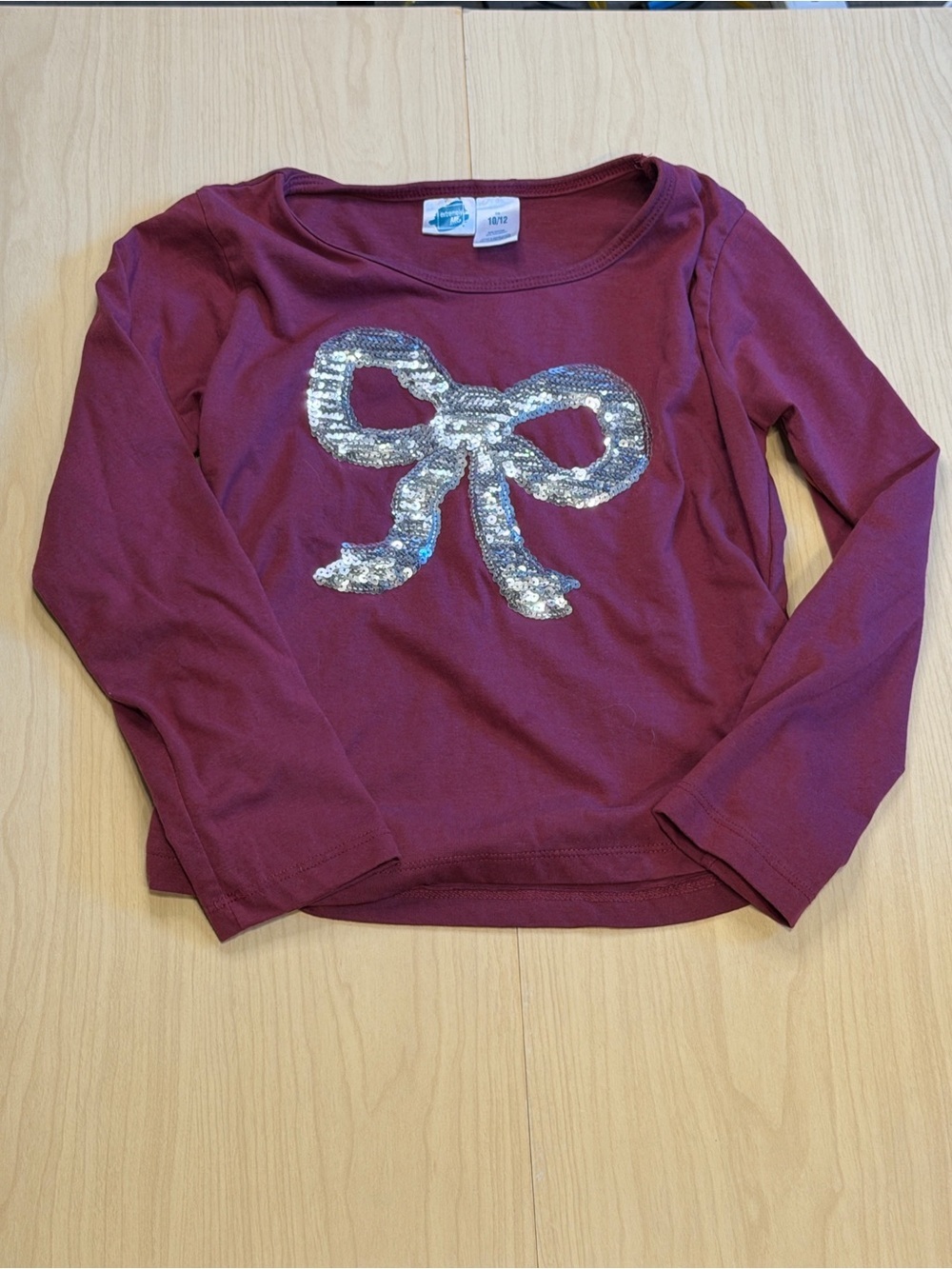Girls Burgundy Long-Sleeve Top with Sequin Bow